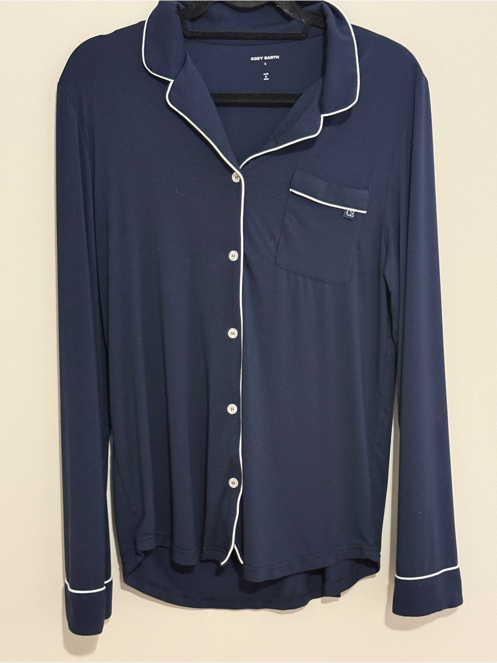 Cozy Earth Navy Blue Pajama Top White Piping Button Down Lounge Sleepwear - Picture 6 of 9